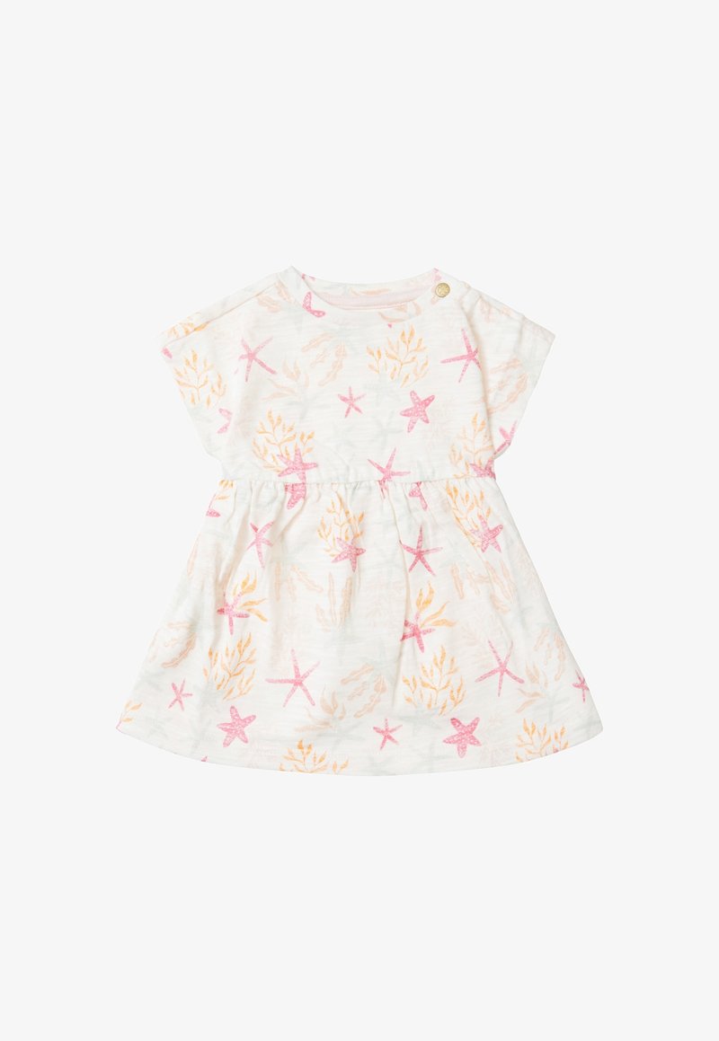 Robe bébé blanche à manches courtes avec motifs d'étoiles de mer roses et d'algues orange, taille froncée, et bouton-pression sur l'épaule.