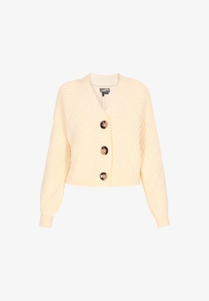 Pletený kardigan v jemné smetanové barvě s výstřihem do V, dlouhými rukávy a texturovaným diamantovým vzorem; obsahuje tři velké knoflíky na přední straně.
