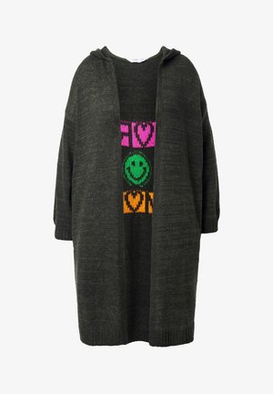 Kapuzen-Cardigan mit offener Front aus dunkelgrünem Strick mit kurzen Ärmeln. Verfügt über auffällige, mehrfarbige Smiley-Gesichter und Herzmuster auf der Innenseite.