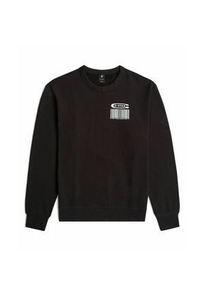 Black sweatshirt with crew neck, long sleeves, and ribbed cuffs. Features a white graphic barcode and brand logo on the left chest.