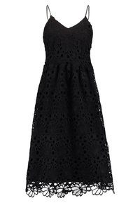Robe noire sans manches avec fines bretelles, superposition en dentelle florale, corsage ajusté et ourlet festonné, longueur genou.