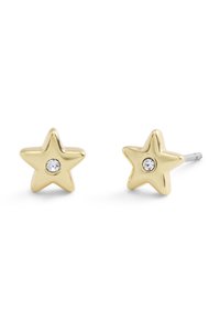 Orecchini a forma di stella color oro con una finitura lucida e una pietra trasparente al centro di ogni stella. Chiusura con perno in metallo.
