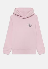 Felpa rosa chiaro realizzata in tessuto morbido, con grande cappuccio, maniche lunghe e logo Calvin Klein stampato in grigio sul petto.