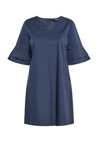 Marineblaues Kurzarmkleid mit V-Ausschnitt und ausgestellten Ärmeln, aus glattem Stoff gefertigt. Verfügt über einen Reißverschluss hinten und eine lockere Passform.