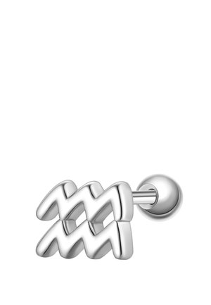 Orecchino a bottone in argento con il segno zodiacale dell'Acquario e chiusura a pallina sul retro, su sfondo bianco.