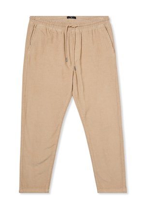 Pantaloni in corduroy beige con vita elastica, coulisse regolabile, tasche laterali e design a gamba affusolata. Tessuto testurizzato.