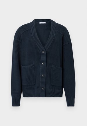 Marineblauer Strickcardigan mit V-Ausschnitt, sechs Knöpfen, zwei Vorderentaschen sowie gerippten Bündchen und Saum. Strukturierter Stoff mit gemütlicher Optik.