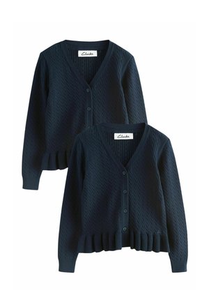 Two navy blue cable knit cardigans with V-necks, button closures, long sleeves, and ruffled hems from Clarks brand.