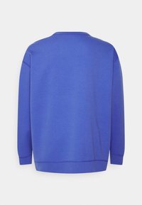 Modrý mikinový svetr s kulatým výstřihem, měkká bavlněná směs, volný střih, dlouhé rukávy, minimální švy, jednobarevný bez dalších vzorů či ozdob.