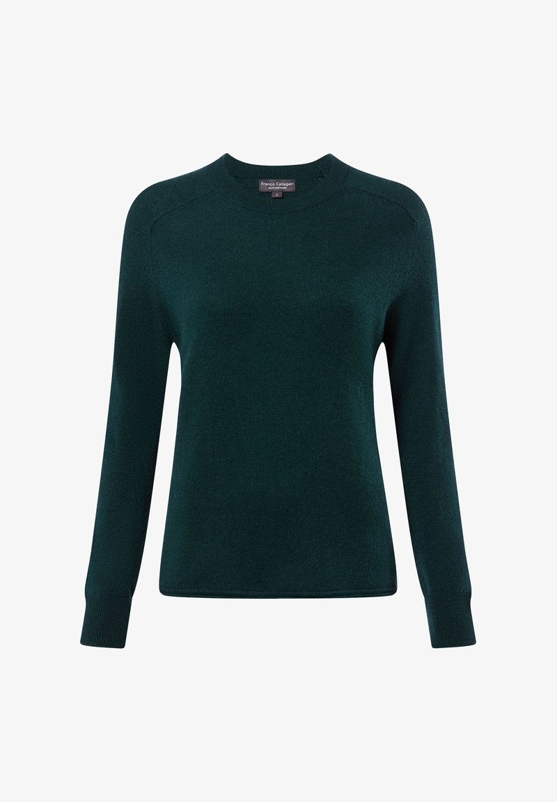 Dunkelgrüner Wollpullover mit Rundhalsausschnitt, langen Ärmeln und gerippten Bündchen und Saum. Glatte Textur, minimalistisches Design, keine sichtbaren Muster.