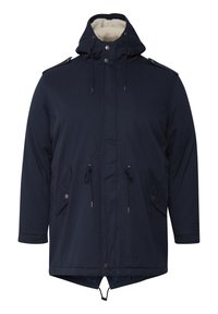 Marineblå parka-jakke med snorhette, fleece-fôr, trykknapplukking og doble frontlommer med sideklaffer.