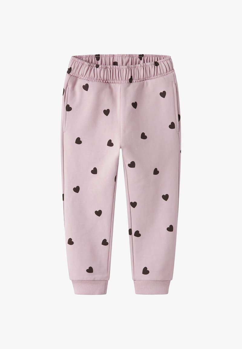 Lichtroze sweatpants met zwarte hartpatronen, voorzien van een elastische tailleband en omslagboorden. Zachte, gladde textuur, casual stijl.