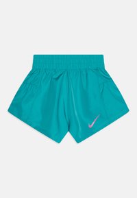 Pantaloni sportivi turchesi con cintura elastica, due tasche laterali e un logo Nike rosa in basso a destra. Materiale liscio e leggero.