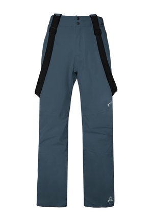 Blaue wasserdichte Skihosen mit verstellbaren schwarzen Trägern, zwei Knopfverschluss und verstärkten Knien für Langlebigkeit. Design für Schneesport.