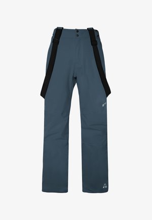 Blaue wasserdichte Skihosen mit verstellbaren schwarzen Trägern, zwei Knopfverschluss und verstärkten Knien für Langlebigkeit. Design für Schneesport.