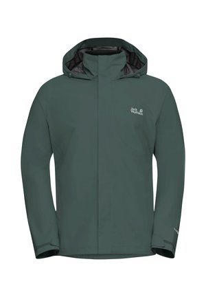 Grüne wasserdichte Jacke mit Kapuze, durchgehendem Frontreißverschluss, verstellbaren Armbändern und Jack Wolfskin-Logo auf der linken Brust.