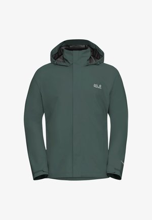 Grüne wasserdichte Jacke mit Kapuze, durchgehendem Frontreißverschluss, verstellbaren Armbändern und Jack Wolfskin-Logo auf der linken Brust.