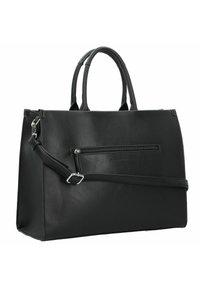 Bolso de mano de cuero negro con asas dobles, una correa de hombro desmontable y un bolsillo frontal con cierre. Textura suave con hardware mínimo.