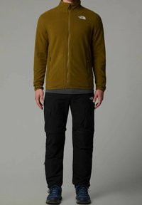 Male model wearing olive green zip-up fleece jacket, black cargo pants, and blue hiking shoes against plain gray background.