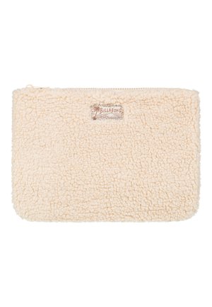 Kremowa prostokątna saszetka o miękkiej teksturze polarowej, z zamkiem błyskawicznym na górze i małą metką Billabong na przednim środku.