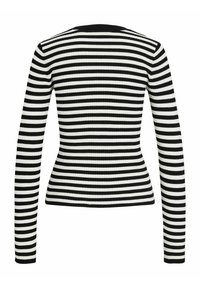 Maglione a maniche lunghe a righe bianche e nere in cotone a costine, con forma aderente, scollatura rotonda e righe orizzontali a contrasto.