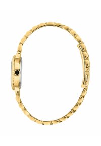 Orologio dorato con quadrante rotondo, lunetta texturizzata e cinturino a catena con maglie curve a forma di goccia e chiusura.