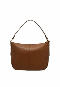 Braune Lederhandtasche mit strukturiertem Oberflächen, abgerundetem Oberteil und einem einzelnen Schultergurt. Sie verfügt über goldene Beschläge und ein einfaches, klares Design.