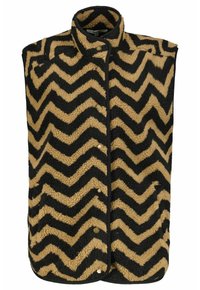 Fuzzy ärmlös väst i svart och tan med zigzag-mönster, med hög krage och tryckknapps-stängning framtill. Mjuk struktur.