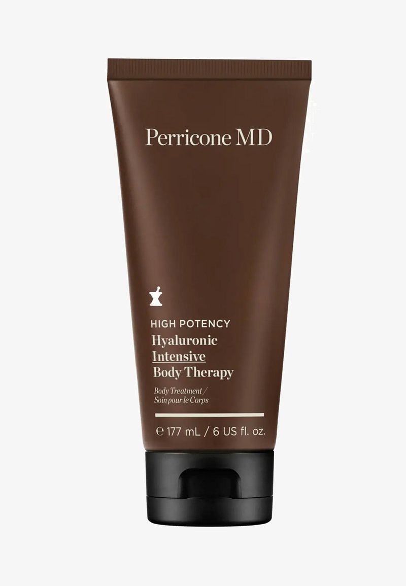 Tube marron Perricone MD étiqueté High Potency Hyaluronic Intensive Body Therapy, 177 ml avec bouchon noir à clapet.