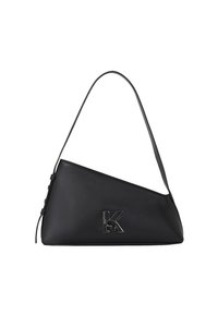 Juodos odos rankinė su asimetriniu dizainu. Yra pečių dirželis ir atspindintis „K“ logotipas priekyje. Lygios tekstūros.