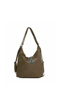 Brūna ādas plecu soma ar brīvu dizainu, ar zilu birku, vienu regulējamu siksnu un smalku tekstūru. Ar rāvējslēdzēju.