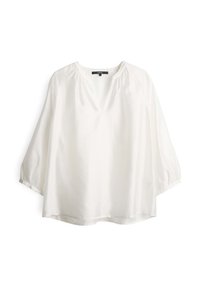 Blusa bianca con scollo a V, maniche raglan a tre quarti e dettagli arricciati sulle spalle. Tessuto leggero e vestibilità rilassata.