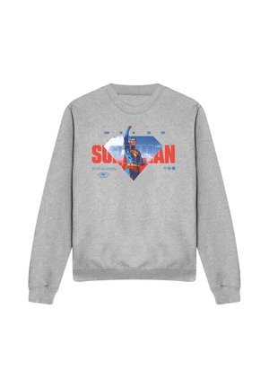 Gray sweatshirt with a Superman graphic showing him flying with a raised fist and the text "LOOK UP IN THE SKY SUPERMAN" in bold red and blue letters.
