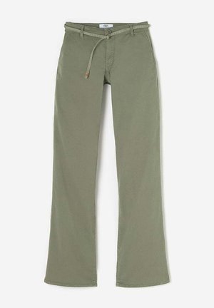 Olijfgroene damesbroek met een rechte pijpdesign, riemlussen en een striksluiting aan de voorkant. Glad materiaal zonder zichtbare patronen of versieringen.