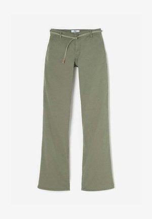 Olijfgroene damesbroek met een rechte pijpdesign, riemlussen en een striksluiting aan de voorkant. Glad materiaal zonder zichtbare patronen of versieringen.