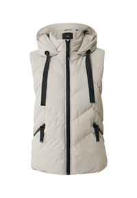 Gilet rembourré beige clair avec capuche, présentant un motif matelassé diagonal, fermeture éclair noire et cordons noirs ; comprend deux poches latérales zippées.