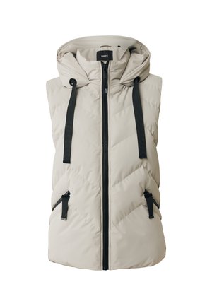Lys beige polstret vest med hætte, der har et diagonalt quiltet design, sort lynlås og sorte snore; inkluderer to lynlåslommer på siden.