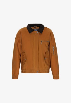 Giacca in tela marrone con colletto in velluto a coste nero, tasca frontale con zip, due tasche laterali e vita elasticizzata. Design strutturato e moderno.