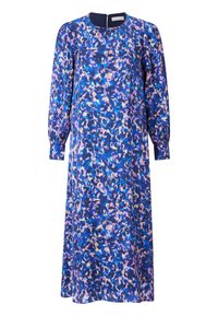 Langärmliges Kleid in Blau mit floralem Muster in Rosatönen und Violett. Hat einen runden Ausschnitt und einen Reißverschluss auf der Rückseite.