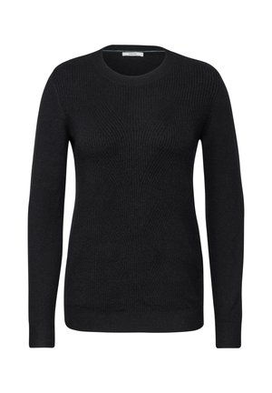 Maglione nero a maglia con colletto rotondo, maniche lunghe e un motivo testurizzato. Il materiale sembra morbido con una silhouette aderente.