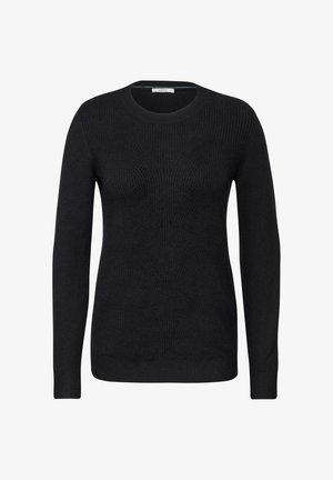 Suéter de punto negro con cuello redondo, mangas largas y un patrón texturizado. La tela parece suave y tiene un corte ajustado.