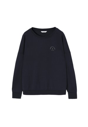 Námornícka modrá mikina vyrobená z bavlny, s okrúhlym výstrihom, dlhými rukávmi a malým potlačeným logom na hrudi. Hladká textúra.