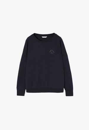 Námornícka modrá mikina vyrobená z bavlny, s okrúhlym výstrihom, dlhými rukávmi a malým potlačeným logom na hrudi. Hladká textúra.