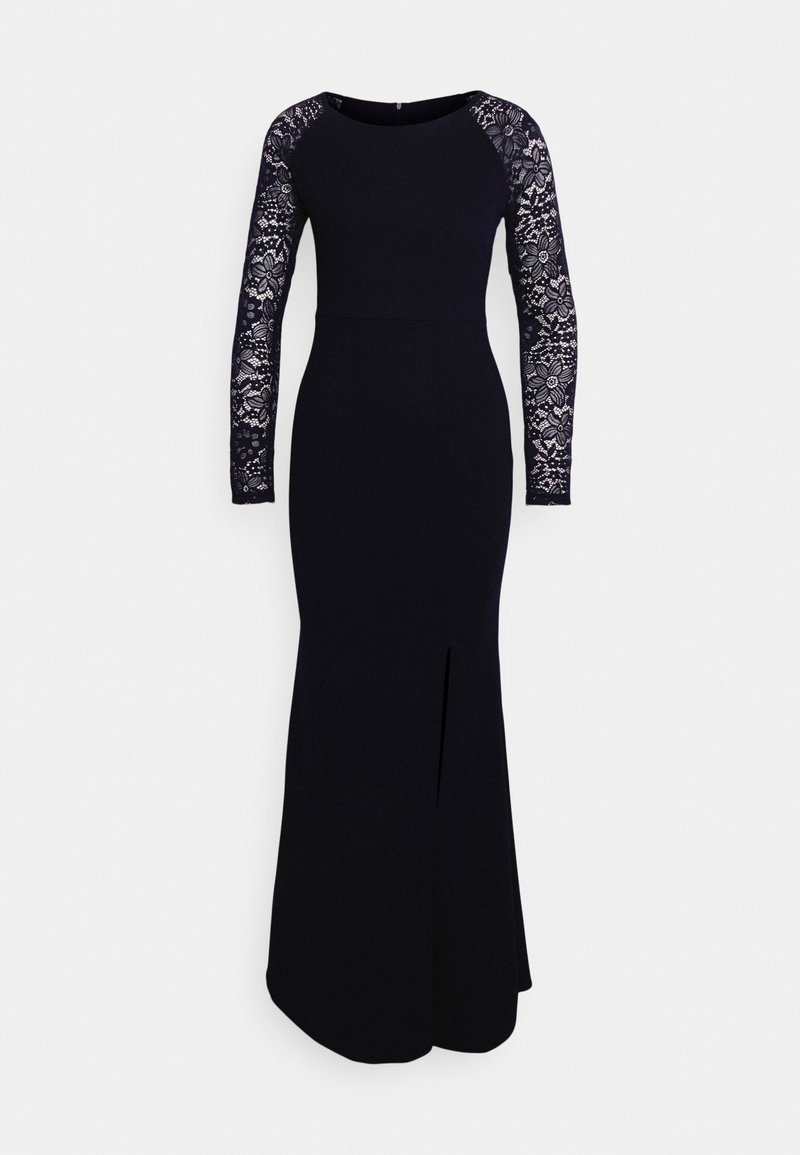 Robe de soirée noire à manches longues en dentelle florale, fente avant, taille cintrée et encolure ronde.
