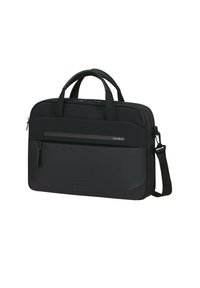 Black laptop bag with dual handles and adjustable shoulder strap. Features a front zip pocket, smooth fabric, and minimalist design elements.