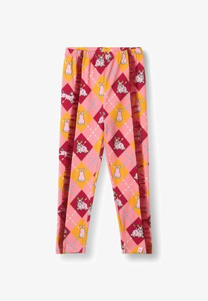 Leggings en coton extensible avec un motif de diamants rose, jaune et bordeaux, illustrés de lapins et avec une bande latérale avec des volants.