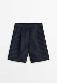 Navy pinstriped shorts with a tailored fit, featuring two front pockets and a flat waistband. Made from a smooth fabric.