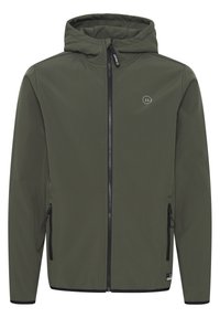 Hooded jacket in olive green, made from smooth fabric. Features a front zipper, two side pockets, and a small logo on the chest.