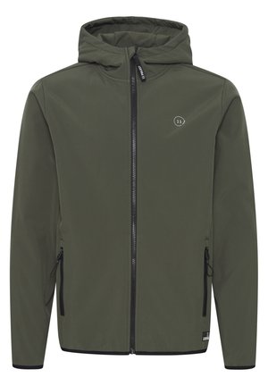 Hooded jacket in olijfgroen, gemaakt van gladde stof. Voorzien van een voorkeursrits, twee zijzakken en een klein logo op de borst.