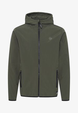 Kurtka z kapturem w oliwkowym kolorze, wykonana z gładkiego materiału. Posiada zamek błyskawiczny z przodu, dwie boczne kieszenie oraz małe logo na klatce piersiowej.